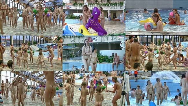 Many nudists swimming in the pool video